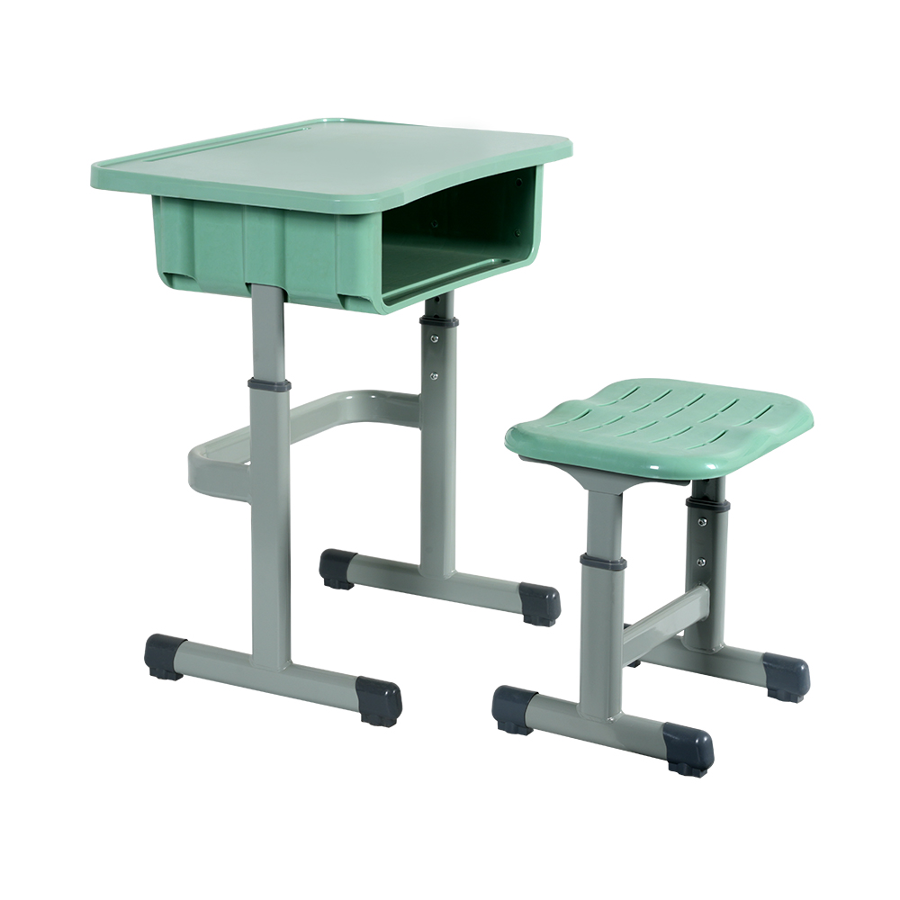 浅绿色儿童友好型高度可调桌椅套装带储物架