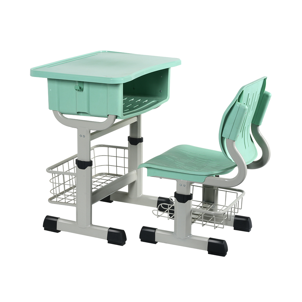 浅绿色儿童友好型高度可调桌椅带储物架