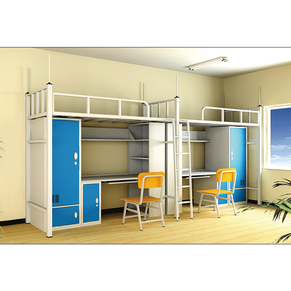 坚固白色金属框架蓝色储物双层公寓床