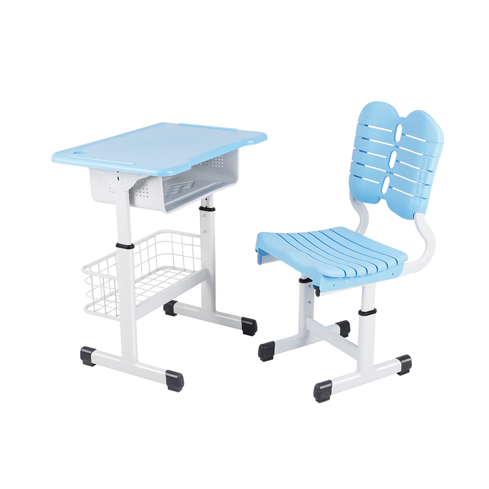 人体工学钢管框架学校桌椅套装带储物篮和透气座椅